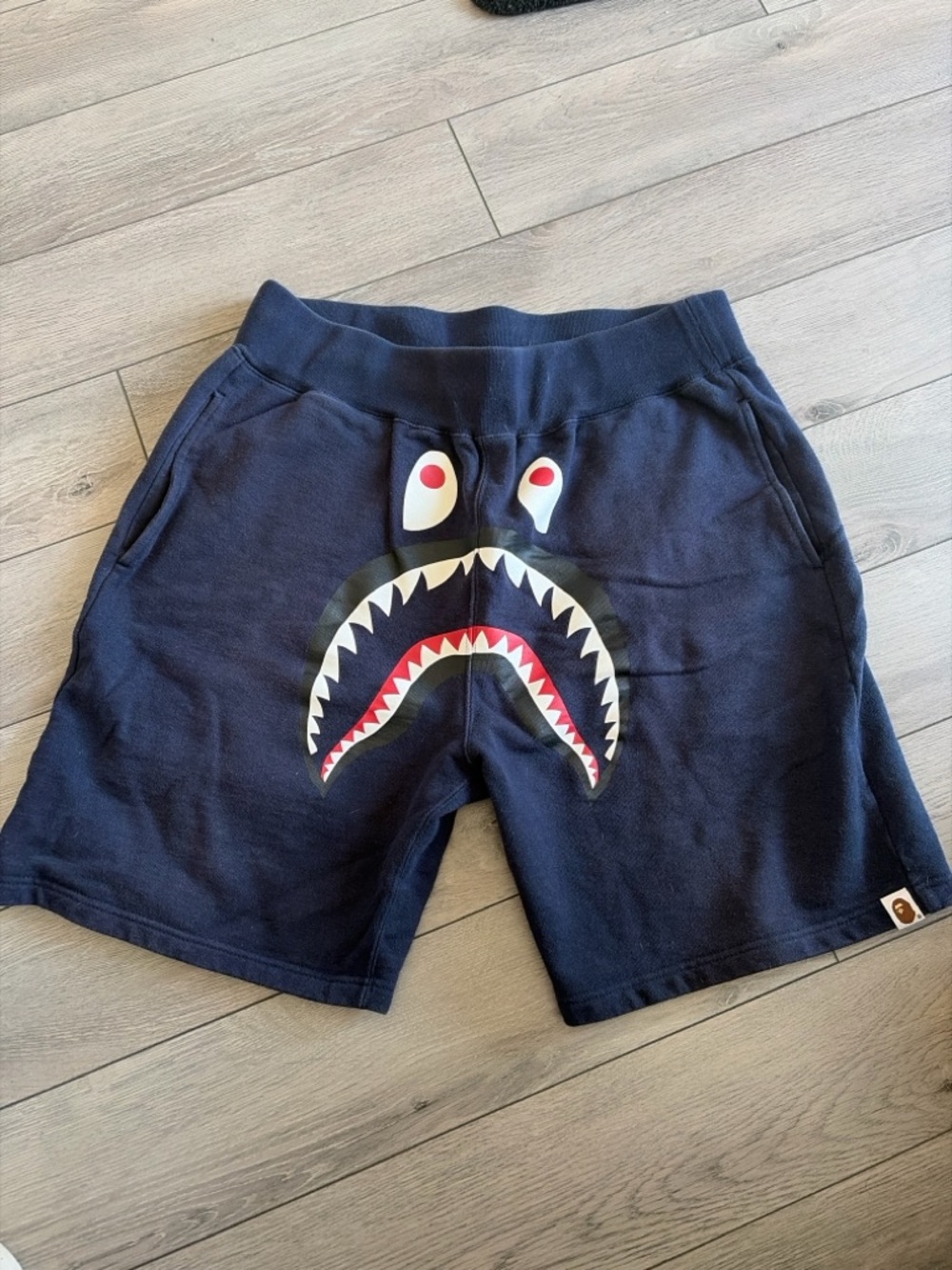 Bape Navy Shark Face Graphic Shorts